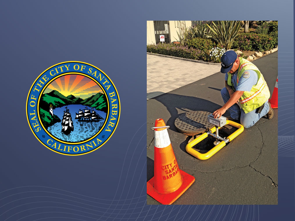 Sewer worker bending to inspect SL-RAT in Santa Barbara street