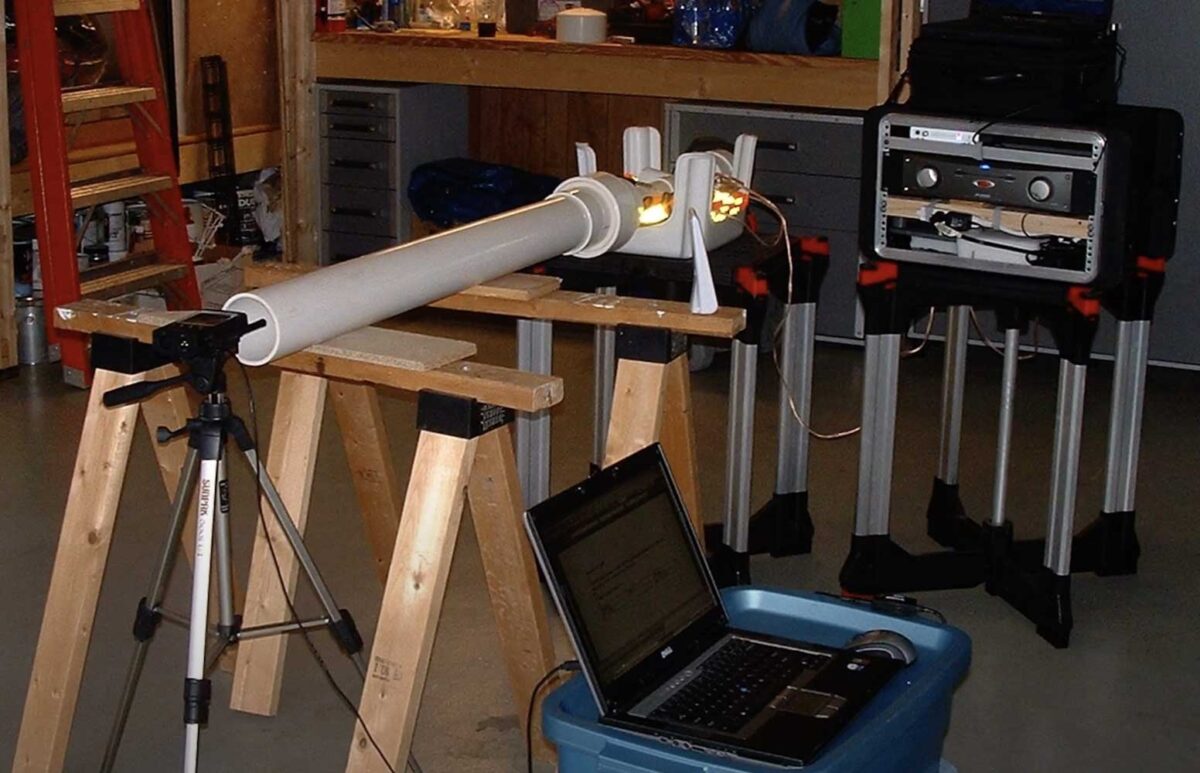 Tubes, pipes, and electronics making up the SL-RAT prototype as seen in Dr. Howitt's garage in 2005