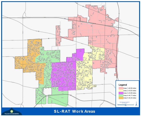 Map of SL-RAT work areas with colored areas indicating distances in miles, surrounded by a blue border.